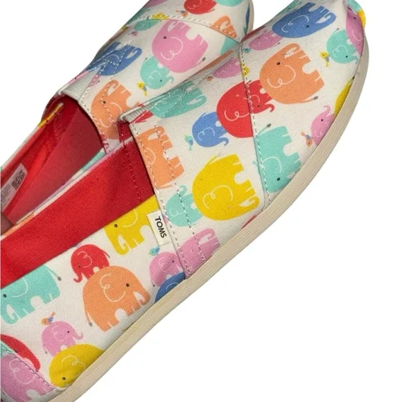 NWT TOMS Alpargata White Colorful Elephant Print Shoes, sz 7.5 - Picture 2 of 8